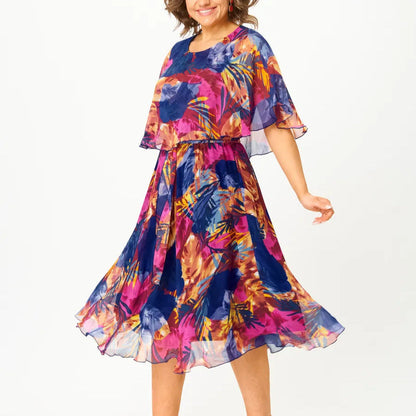 Elegant Floral Midi Dress for Women with Round Neck Short Sleeve