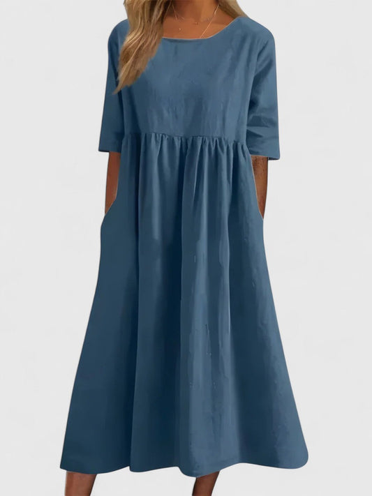 Effortless Linen Maxi Dresses for Women with Round Neck 3/4 Sleeve Empire Waist Casual Long Dress Style