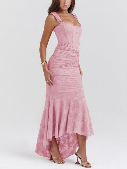 Elegant Floral Lace Corset Maxi Dresses for Women with Square Neck Ruched Skirt Formal Wedding Guest Style