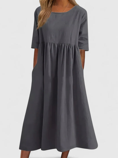 Effortless Linen Maxi Dresses for Women with Round Neck 3/4 Sleeve Empire Waist Casual Long Dress Style