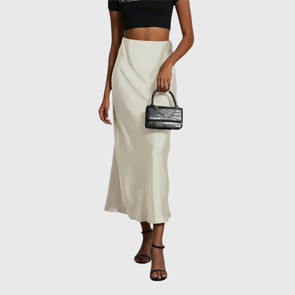 Elegant Satin Midi Skirt for Women with High Waist Fitted Slip Bias Cut Semi Formal Style