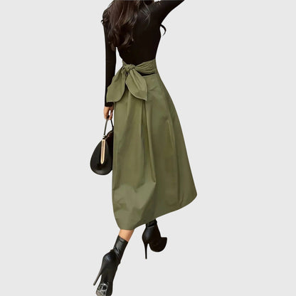 Elegant Olive Green Midi Skirt for Women with High Waist Pleated A-Line Tie Waist Business Casual Style