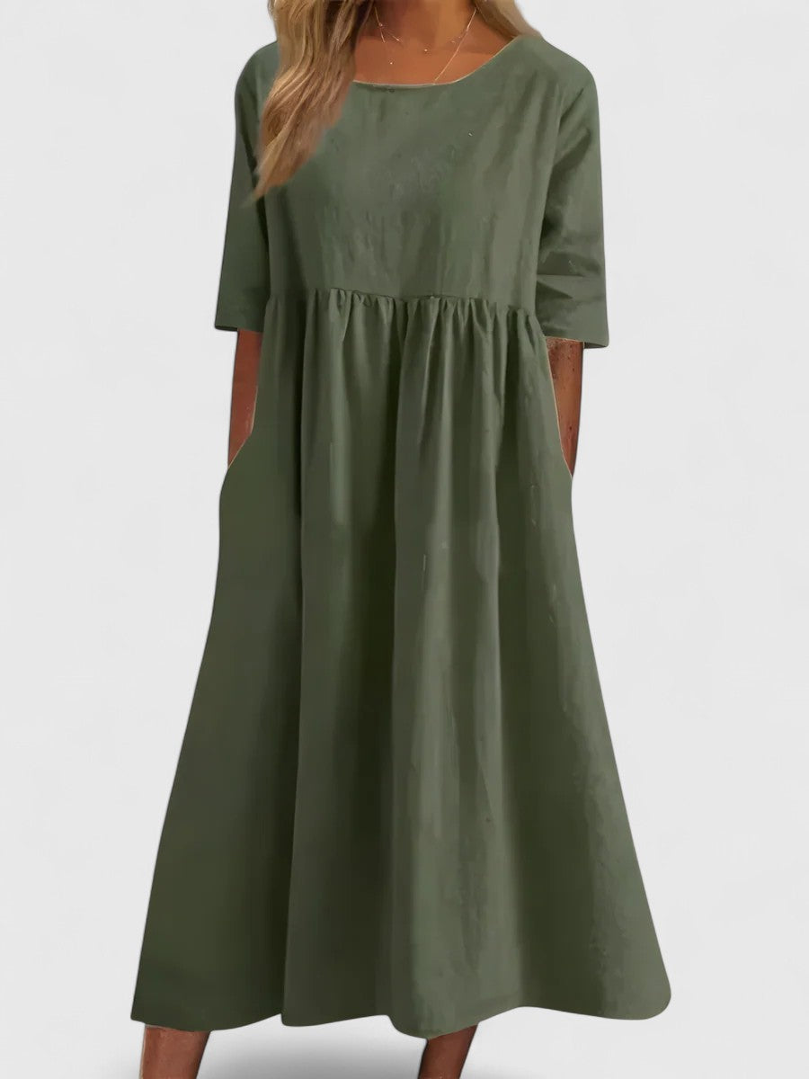 Effortless Linen Maxi Dresses for Women with Round Neck 3/4 Sleeve Empire Waist Casual Long Dress Style