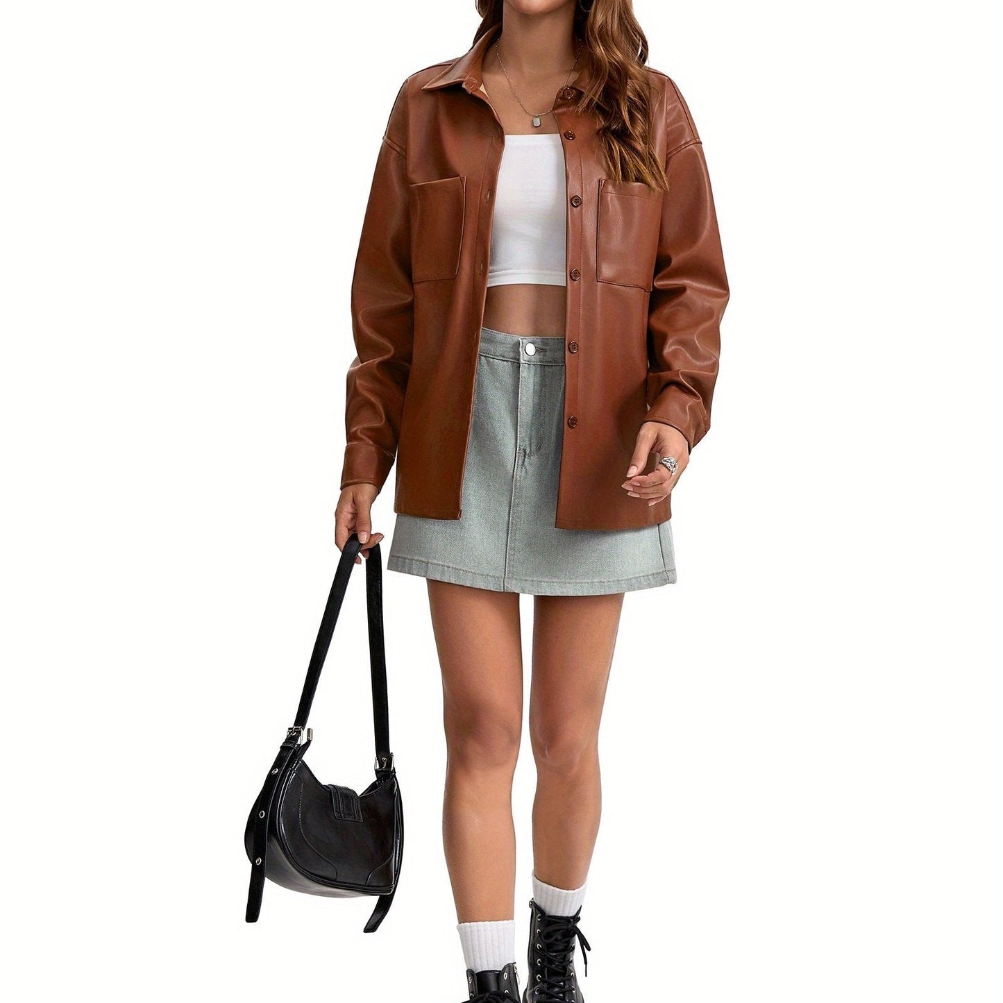 Effortless Leather Shirt Jacket for Women with Collar Button Front Relaxed Style