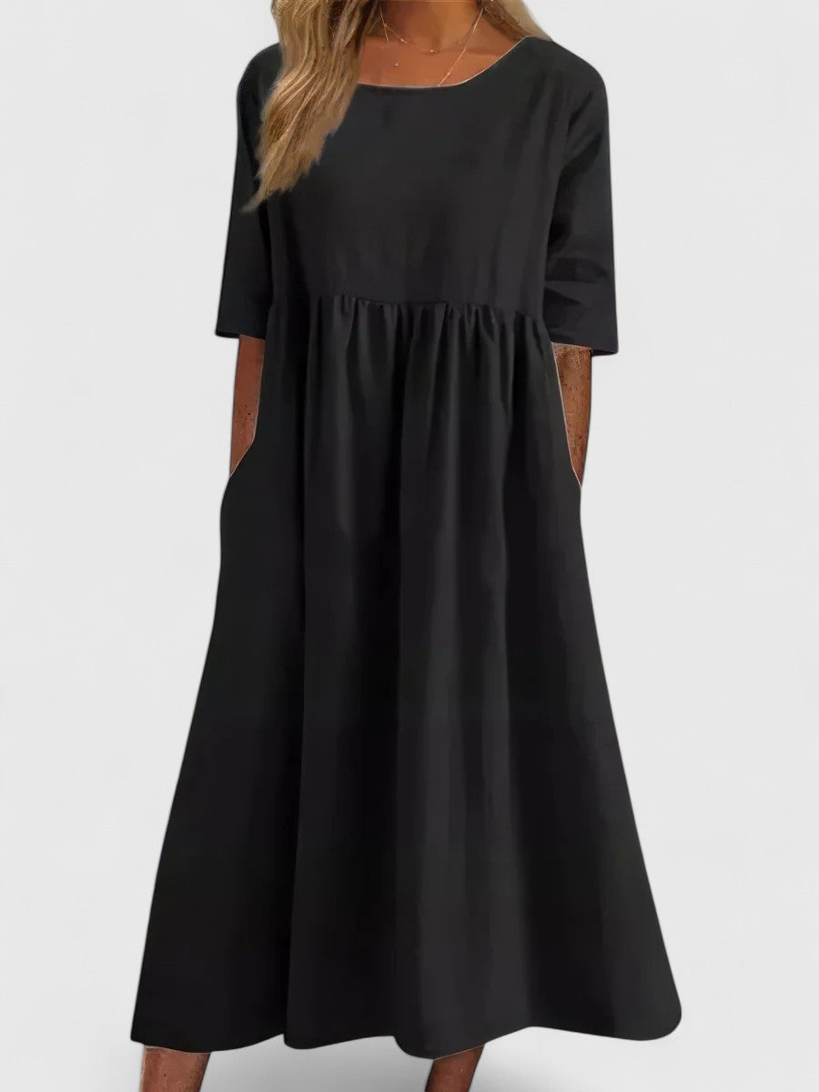 Effortless Linen Maxi Dresses for Women with Round Neck 3/4 Sleeve Empire Waist Casual Long Dress Style