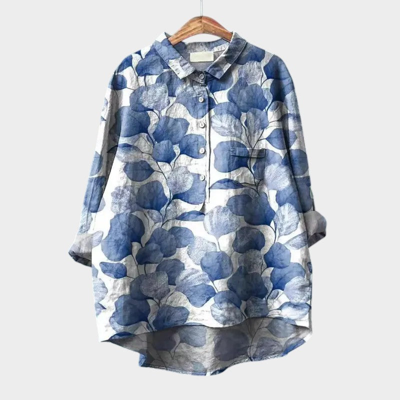 Effortless Floral Print Blouse for Women with Shirt Collar Long Sleeve Curved Hem Relaxed Style
