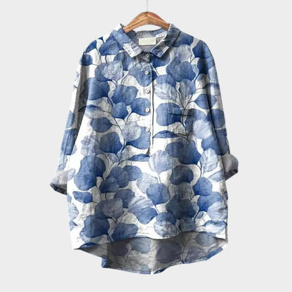 Effortless Floral Print Blouse for Women with Shirt Collar Long Sleeve Curved Hem Relaxed Style