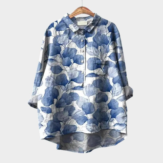 Effortless Floral Print Blouse for Women with Shirt Collar Long Sleeve Curved Hem Relaxed Style