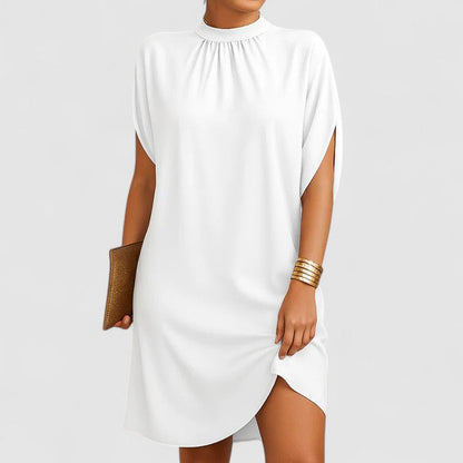 Effortless Gathered Mock Neck Casual Dresses for Women with Split Batwing Sleeve Relaxed Mini Style
