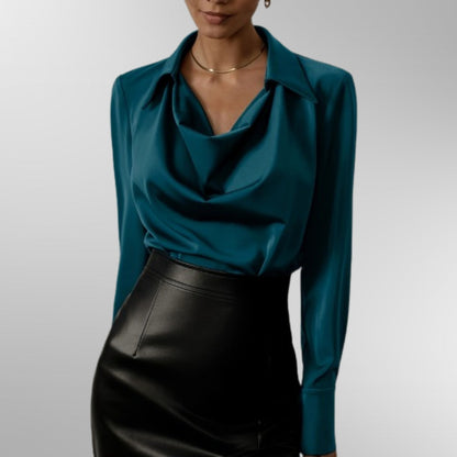 Elegant Satin Blouse for Women with Cowl Neck Long Sleeve Draped Collar Formal Style