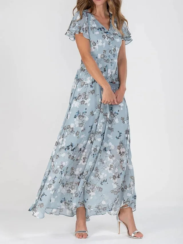 Effortless Floral Midi Dress for Women with Short Sleeve