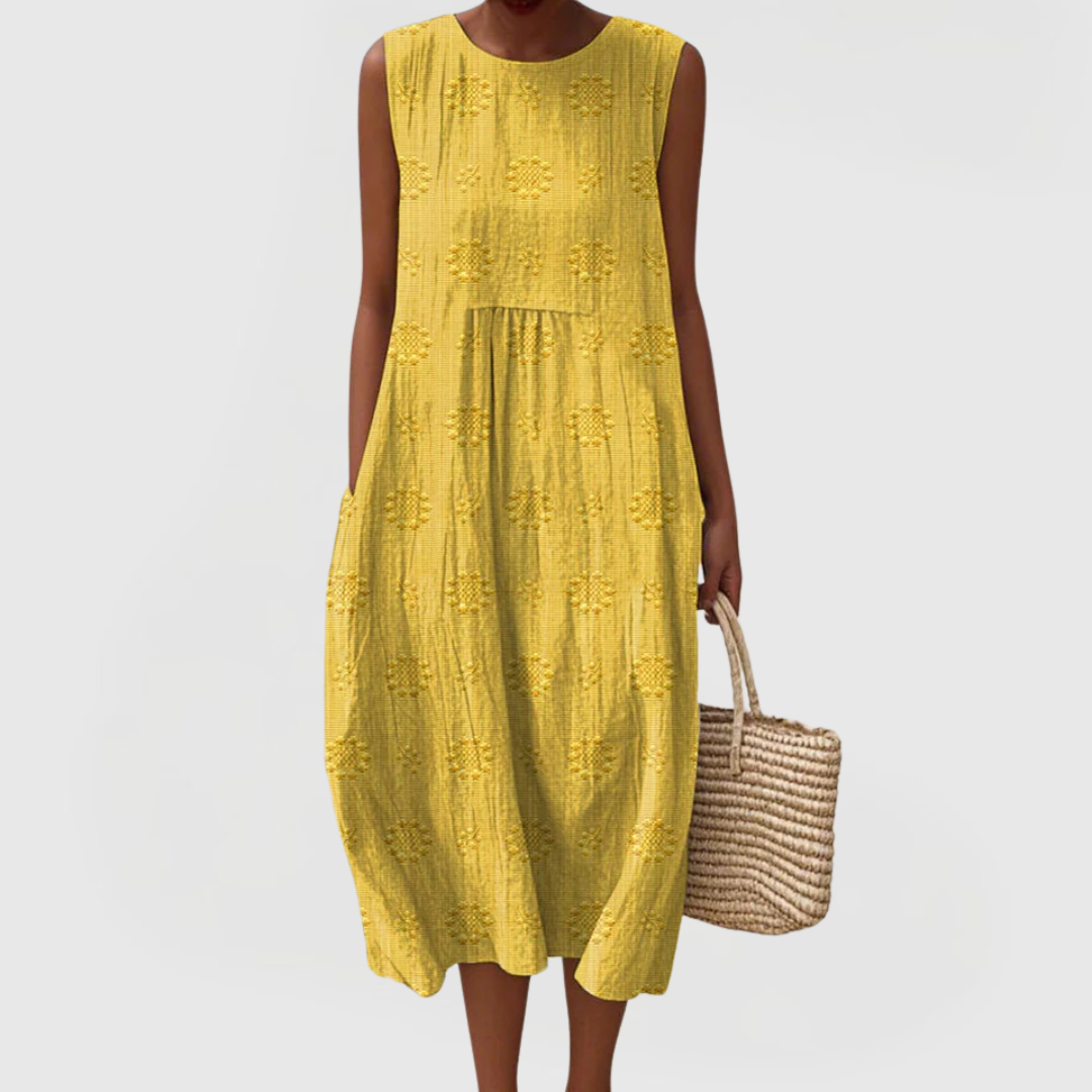 Effortless Embroidered Linen Casual Dresses for Women with Round Neck Sleeveless Pocket Midi Style