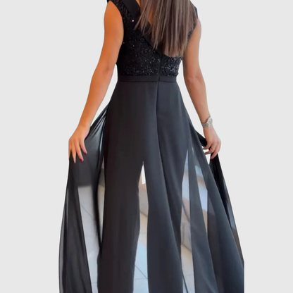 Elegant Black Sequin Jumpsuit for Women with Boat Neck Sleeveless Chiffon Wide Leg Formal Style