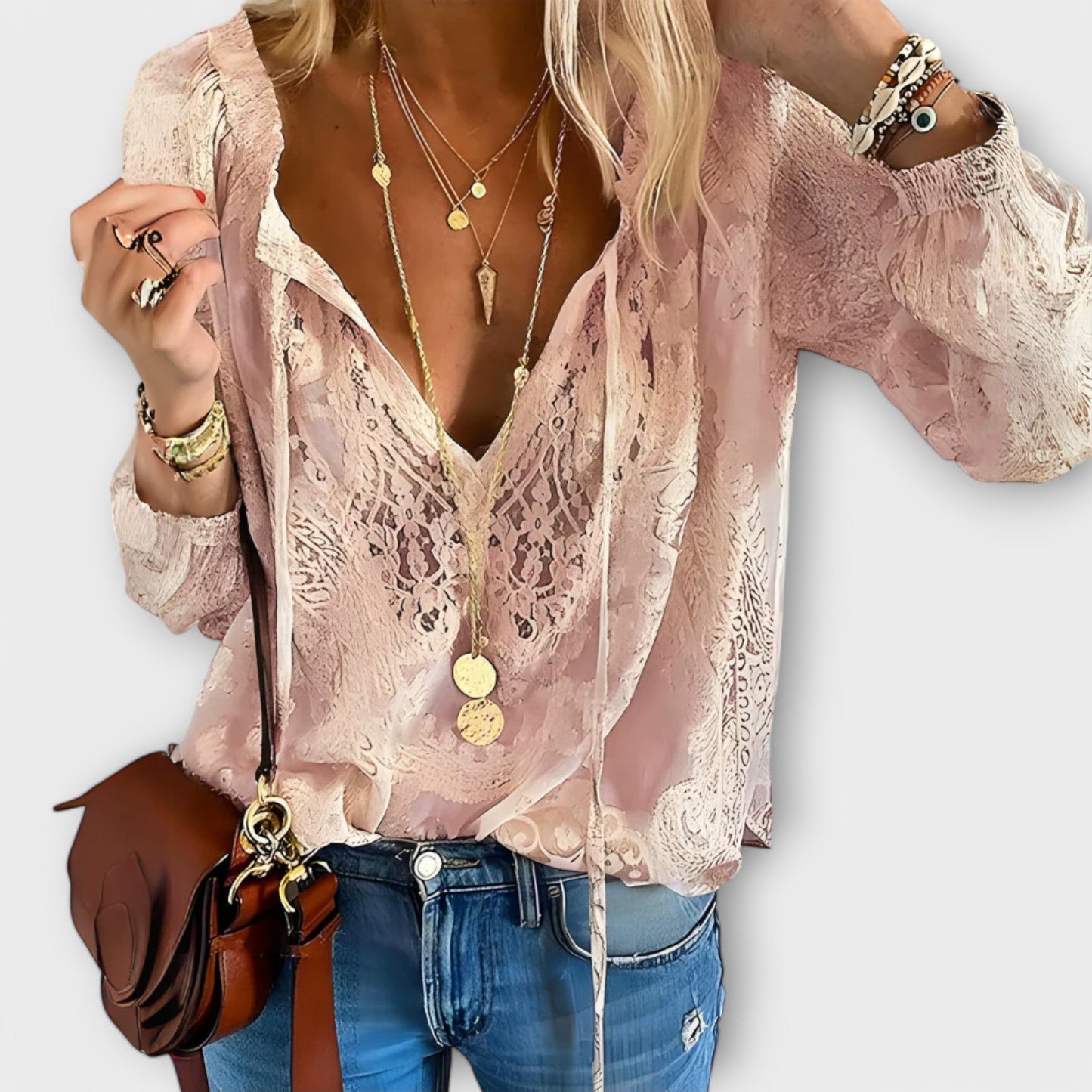 Elegant Lace Blouse for Women with Deep V-Neck Long Sleeve Ruffle Cuff Zip Front Casual Style
