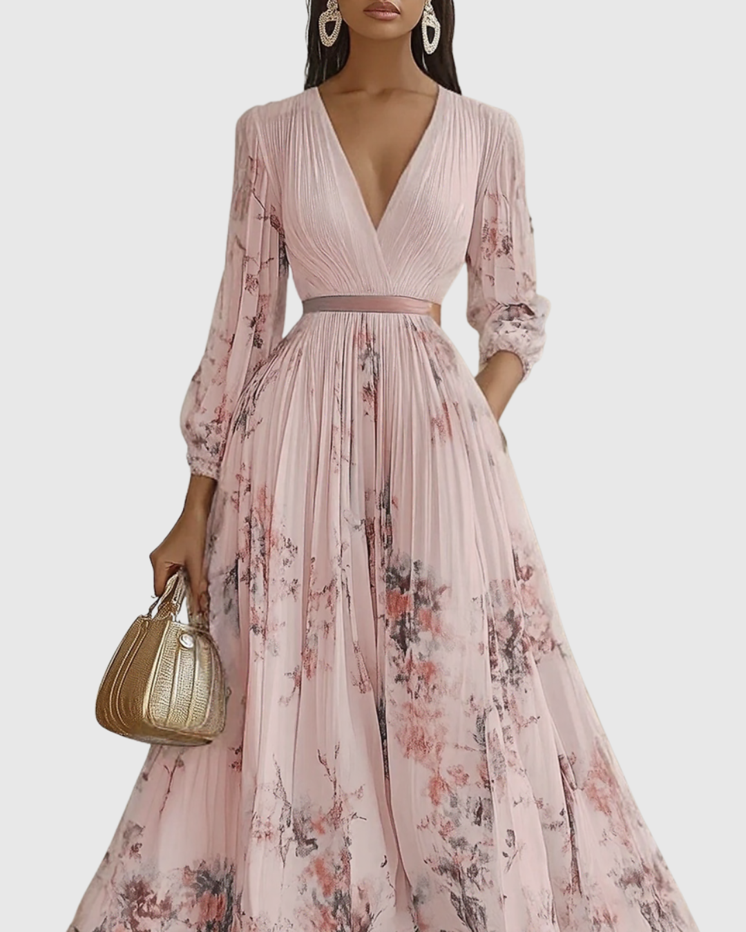 Elegant Floral Pleated Maxi Dress for Women with Deep V-Neck Sleeveless Belted Formal Wedding Guest Style