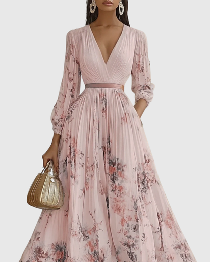 Elegant Floral Pleated Maxi Dress for Women with Deep V-Neck Sleeveless Belted Formal Wedding Guest Style
