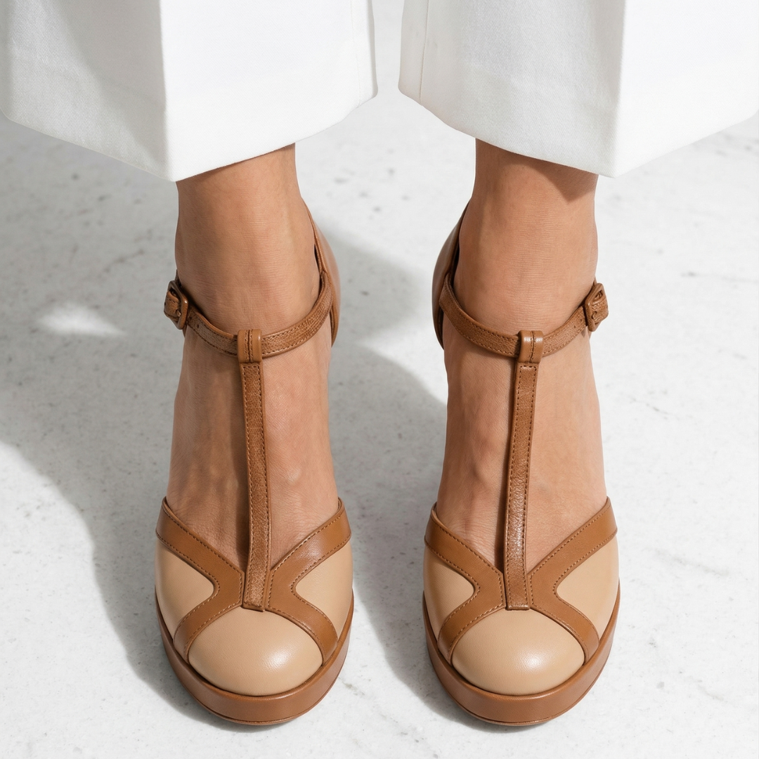 Comfortable Brown Heels for Women with T Strap Style
