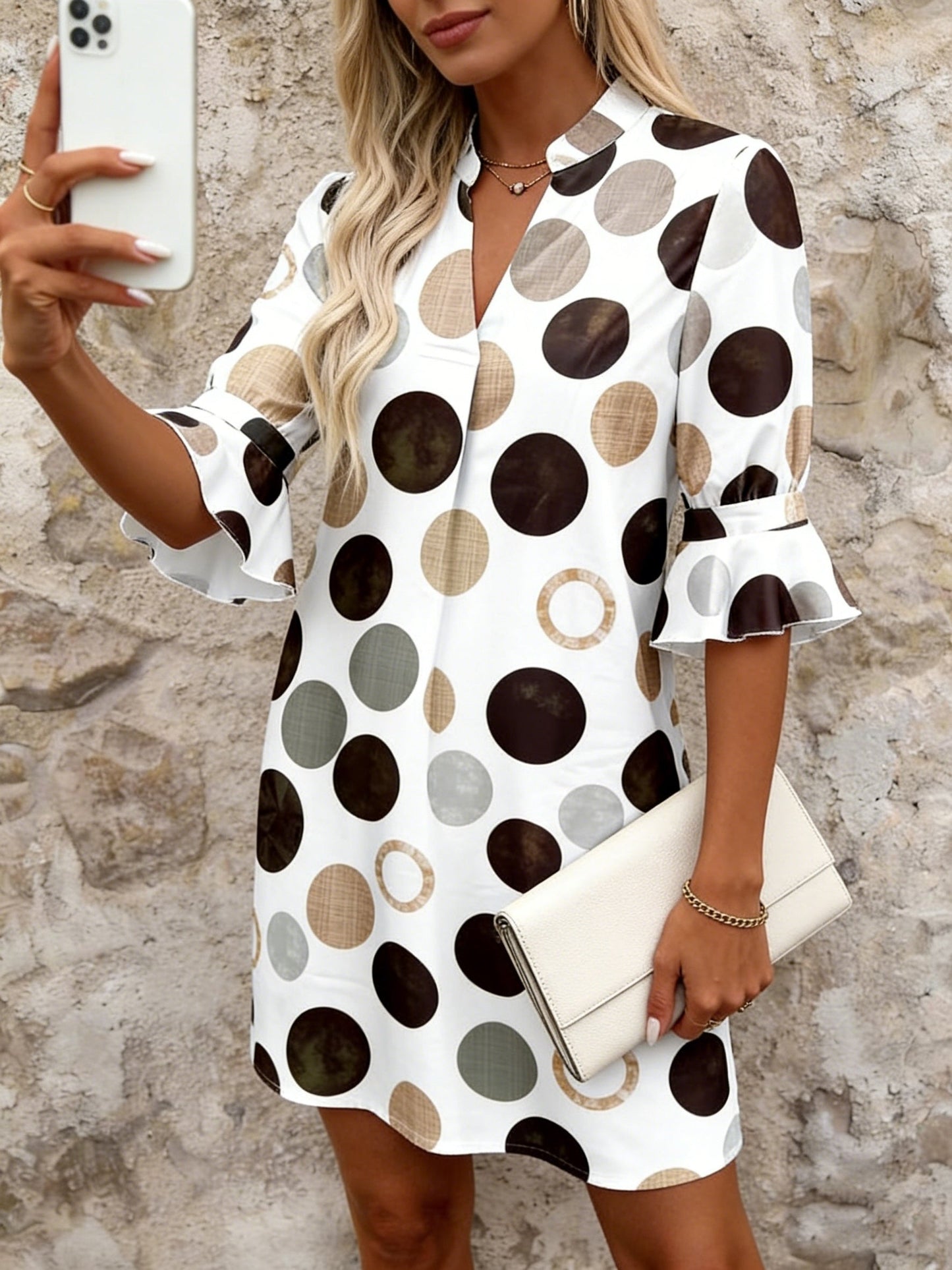 Effortless Polka Dot Mini Dress for Women with V Neck Flared Sleeve