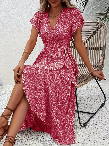 Elegant Floral Wrap Maxi Dress for Women with V Neck