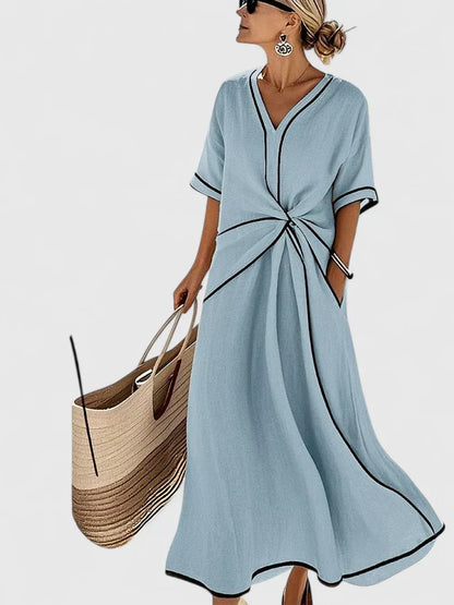 Effortless Twist Knot Maxi Dress for Women with V-Neck Short Sleeve Contrast Trim Casual Style