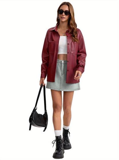 Effortless Leather Shirt Jacket for Women with Collar Button Front Relaxed Style