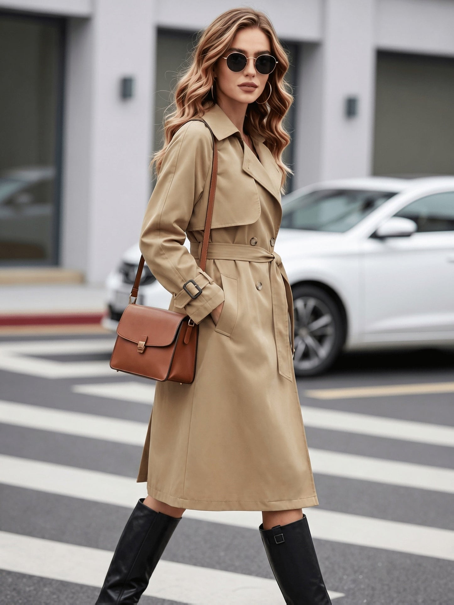 Elegant Khaki Trench Coat for Women with Notch Collar Belted Waist Long Style