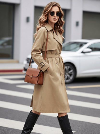 Elegant Khaki Trench Coat for Women with Notch Collar Belted Waist Long Style