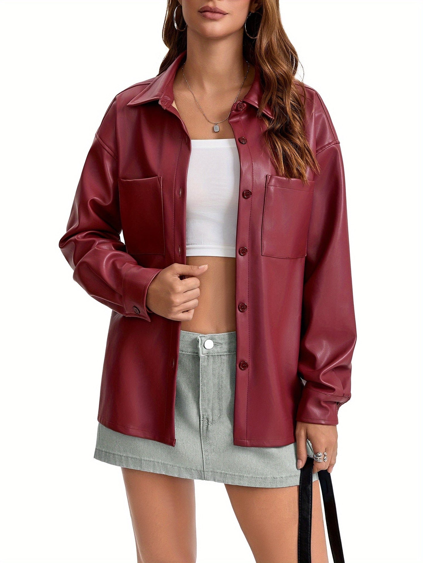 Effortless Leather Shirt Jacket for Women with Collar Button Front Relaxed Style