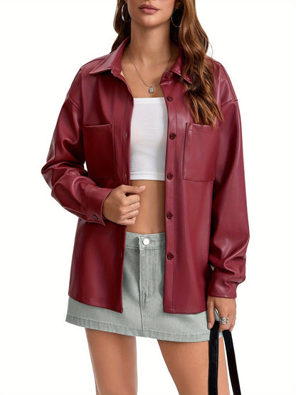 Effortless Leather Shirt Jacket for Women with Collar Button Front Relaxed Style