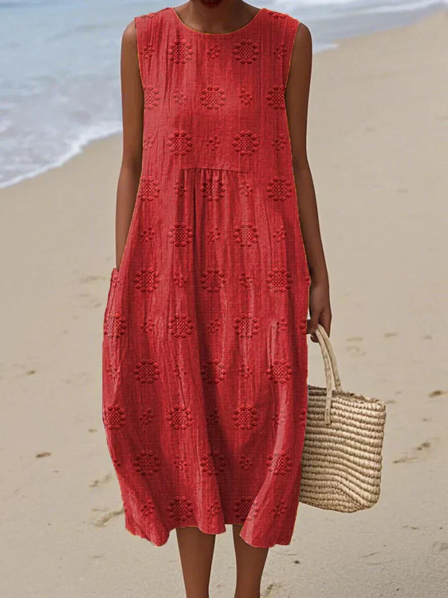 Elegant Floral Midi Dress for Women with Sleeveless Pocket