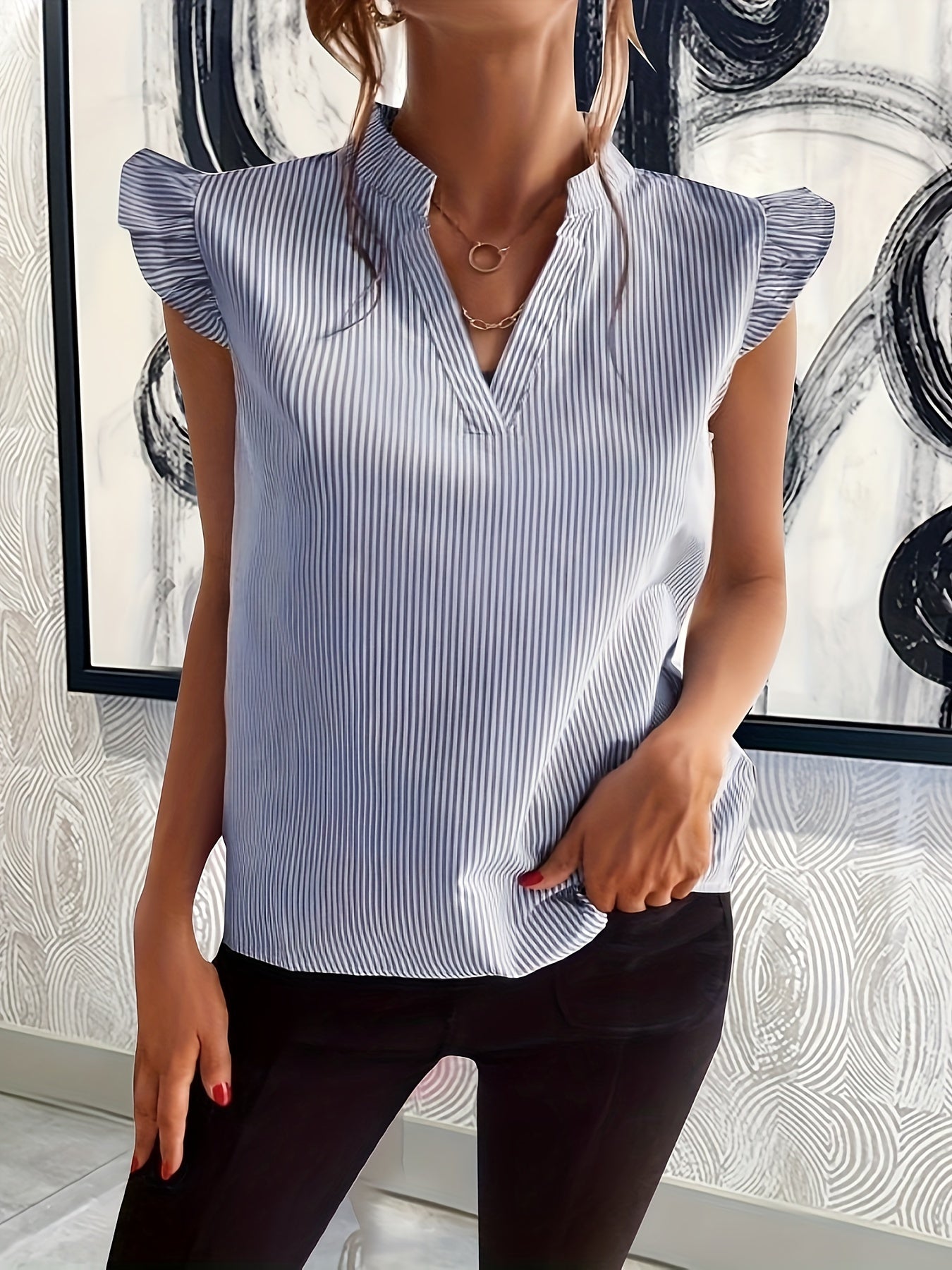 Effortless Striped Blouse for Women with V Neck Ruffle Sleeve