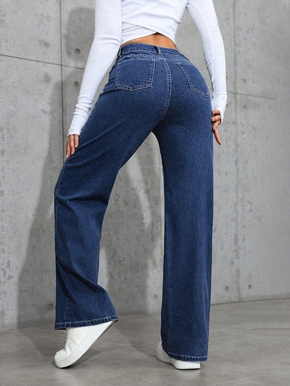 Effortless Relaxed Blue Wide Leg Jeans for Women with High Waist Flowing Style