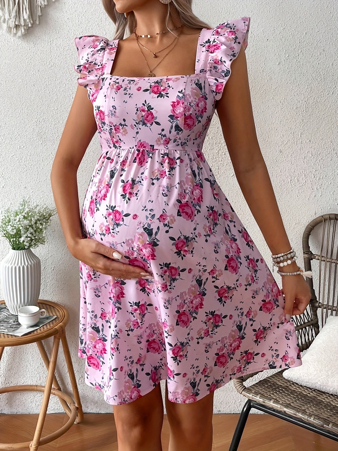 Stylish Floral Maternity Dress for Women with Square Neck Ruffle Strap Empire Waist Casual Style
