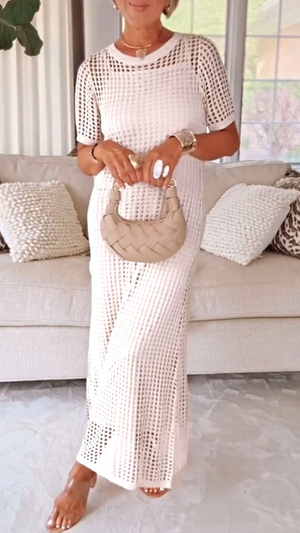 Effortless Two-Piece Set for Women with Boat Neck Short Sleeve Crochet Mesh Hollow Out Casual Style