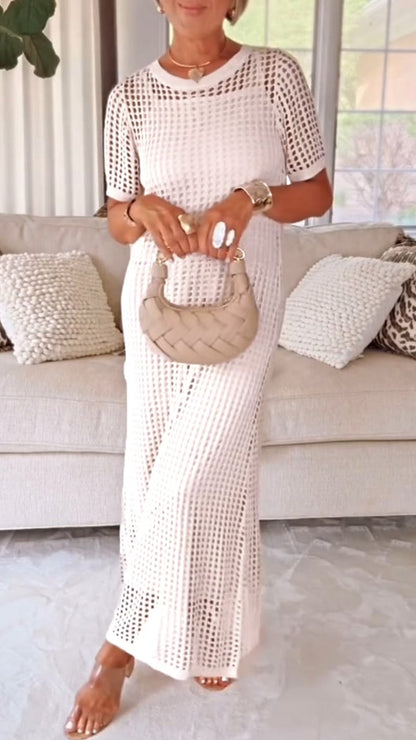Effortless Two-Piece Set for Women with Boat Neck Short Sleeve Crochet Mesh Hollow Out Casual Style