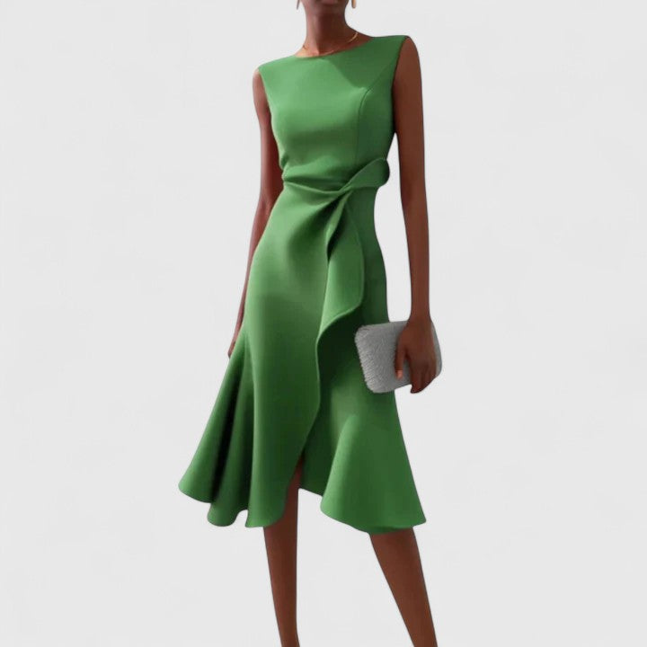 Elegant Sleeveless Midi Dress for Women with Asymmetric Ruffle Hem Formal Wedding Guest Style