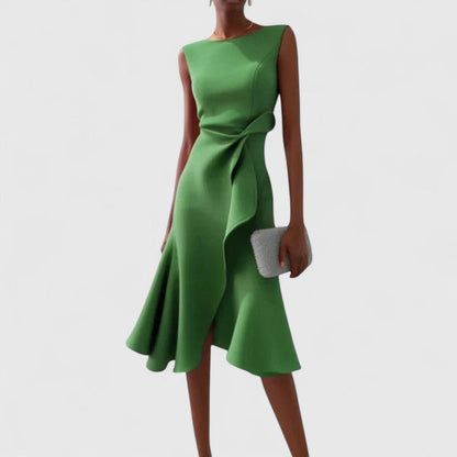 Elegant Sleeveless Midi Dress for Women with Asymmetric Ruffle Hem Formal Wedding Guest Style