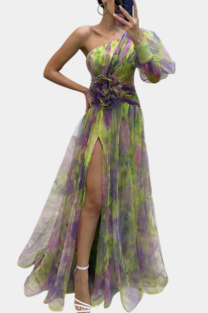 Elegant Abstract Print Maxi Dress for Women with One Shoulder Puff Sleeve Floral Waist Formal Style