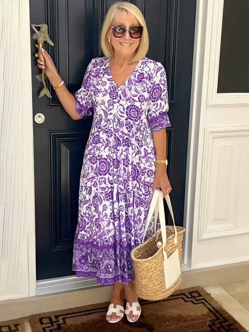Stylish Flowy Floral Mini Dress for Women with V Neck