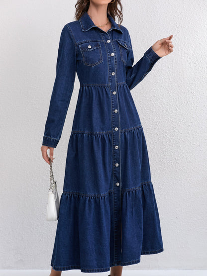 Elegant Blue Denim Maxi Dress for Women with Collar Long Sleeve Tiered Style