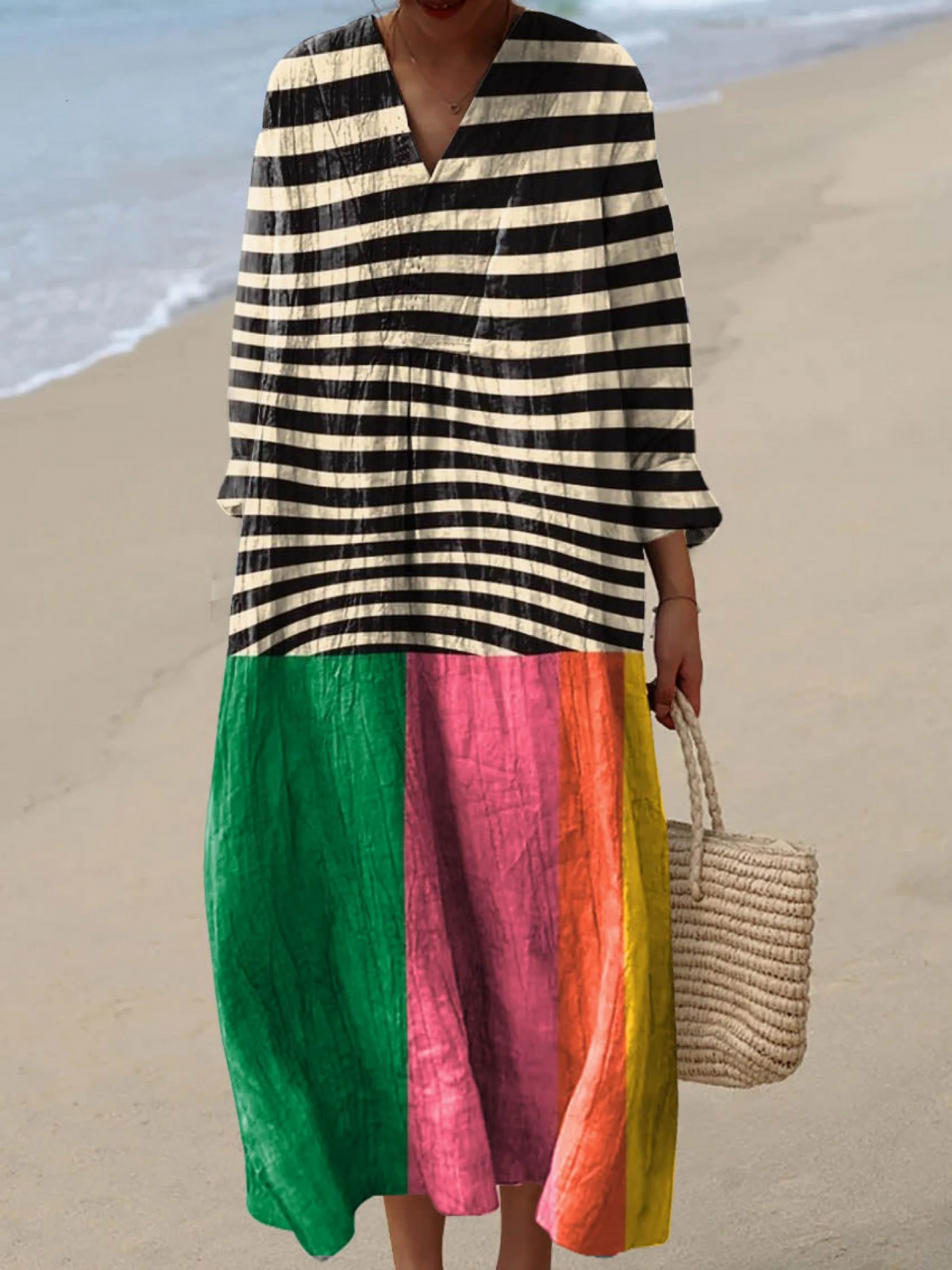 Effortless Flowy Geometric Dress for Women with Long Sleeve Vintage