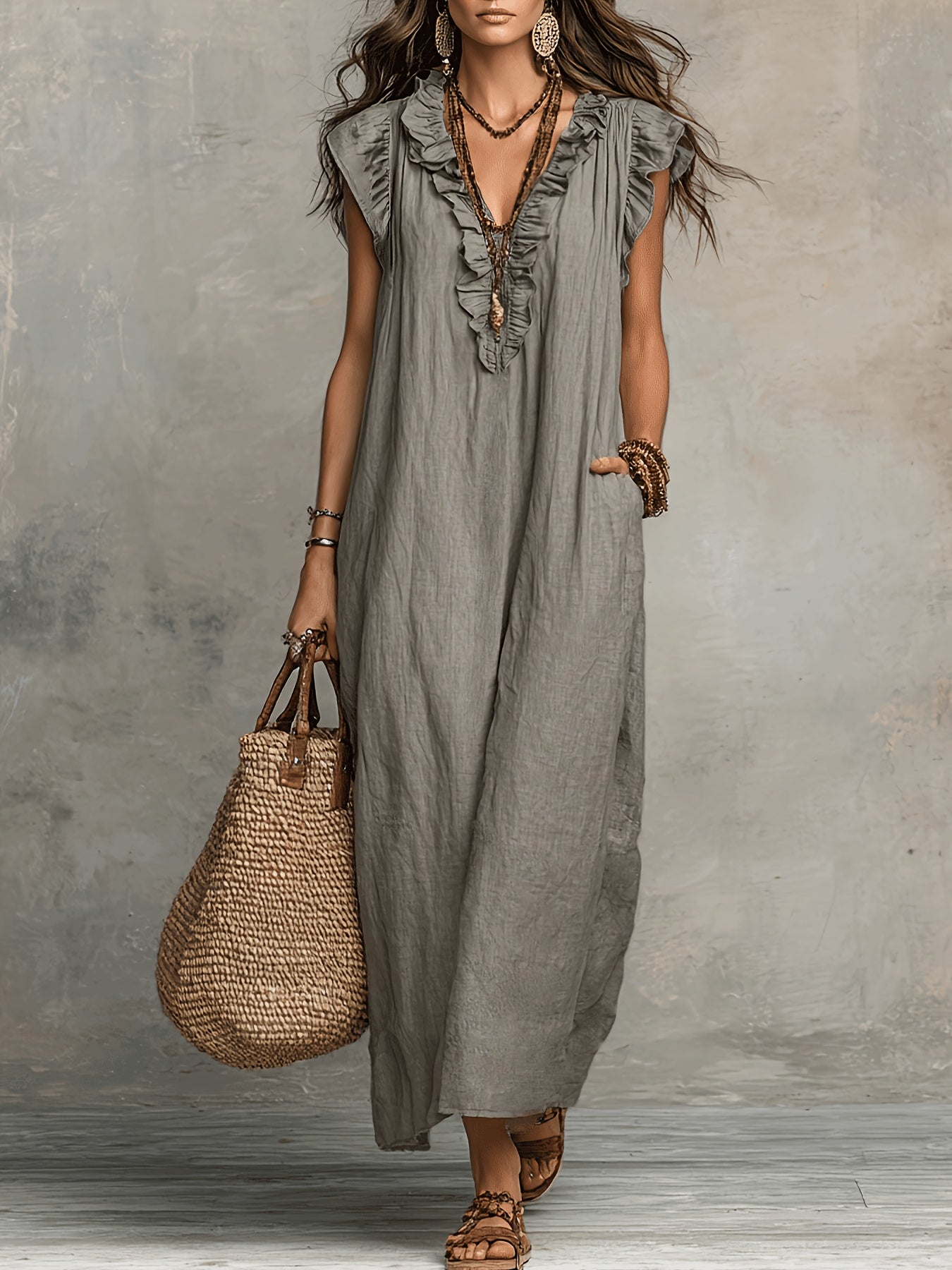 Effortless Maxi Dress for Women with V Neck Ruffled