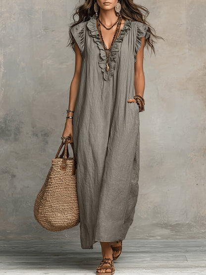 Effortless Maxi Dress for Women with V Neck Ruffled