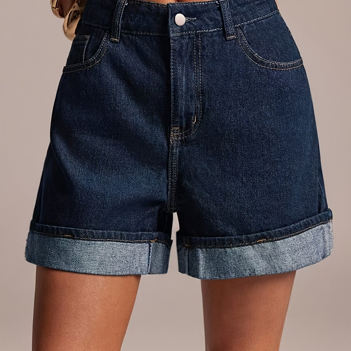 Effortless Medium Blue Denim Shorts for Women with Cuffed Hem High Waist Pocket Style