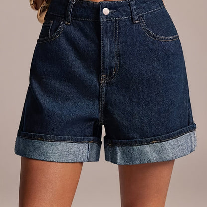 Effortless Medium Blue Denim Shorts for Women with Cuffed Hem High Waist Pocket Style