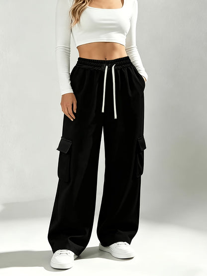 Effortless Black Cargo Pants for Women with Drawstring High Waist Wide Leg Style