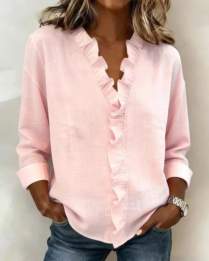 Stylish Blouse for Women with V Neck Long Sleeve Ruffled