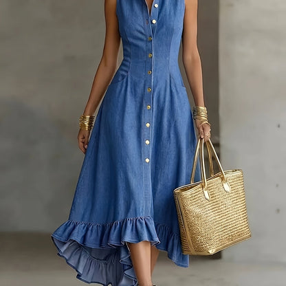 Elegant Blue Midi Dress for Women with Mock Neck Sleeveless Ruffle Hem Style
