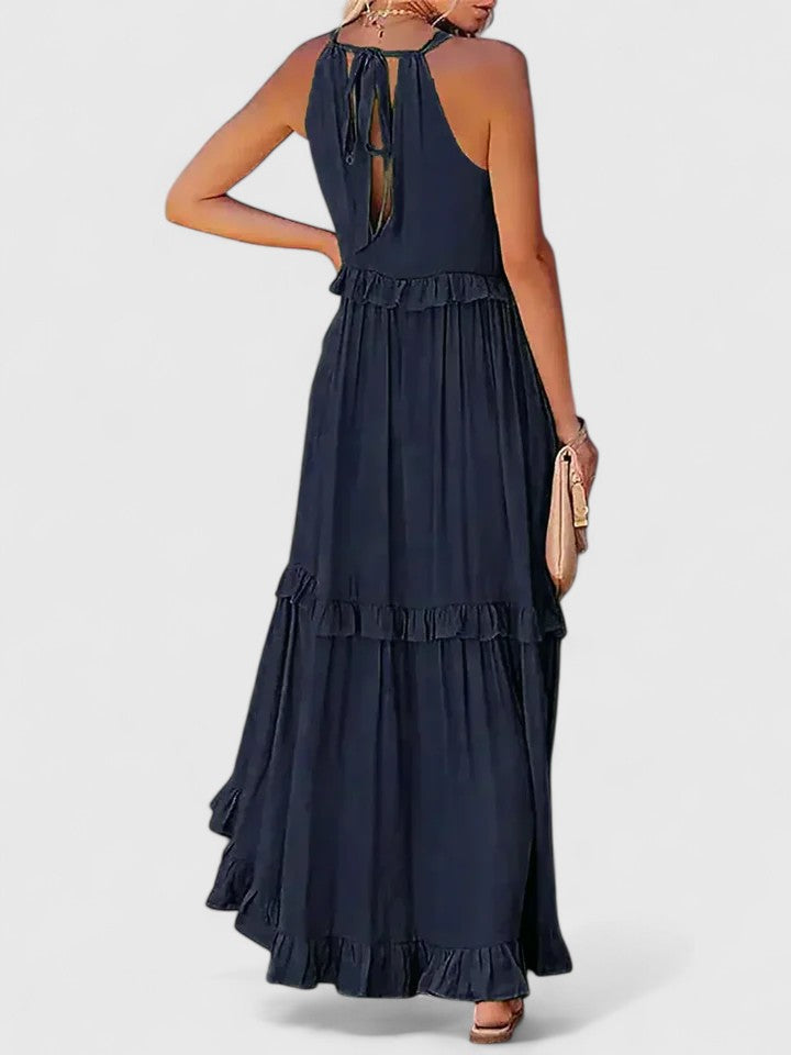 Effortless Ruffle Maxi Dresses for Women with Halter Neck Sleeveless Two Tone Casual Sundress Style