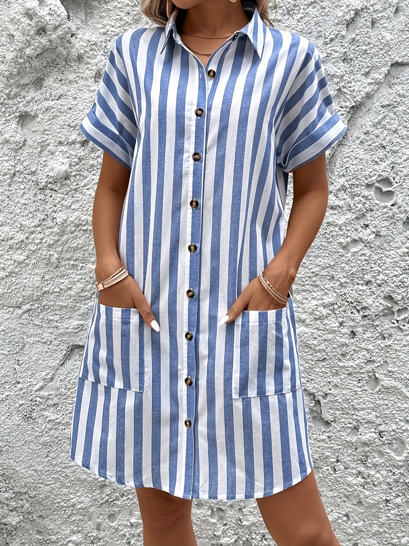 Effortless Striped Shirt Dress for Women with Short Sleeve Belted